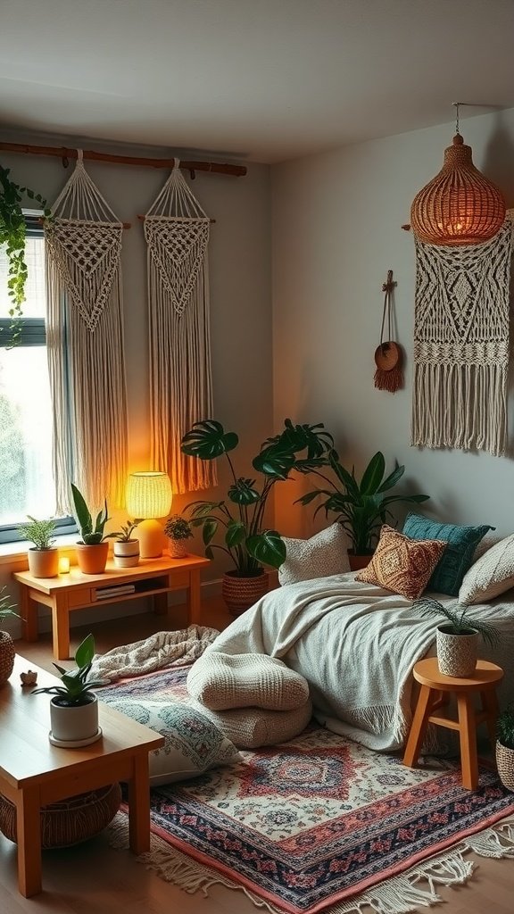 Cozy DIY Boho bedroom with warm lighting, plants, and rustic decor