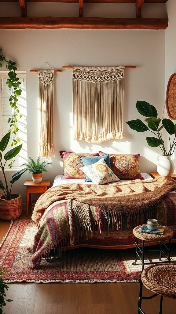 A cozy Boho bedroom featuring a bed with colorful blankets, decorative pillows, macramé wall hangings, and indoor plants.