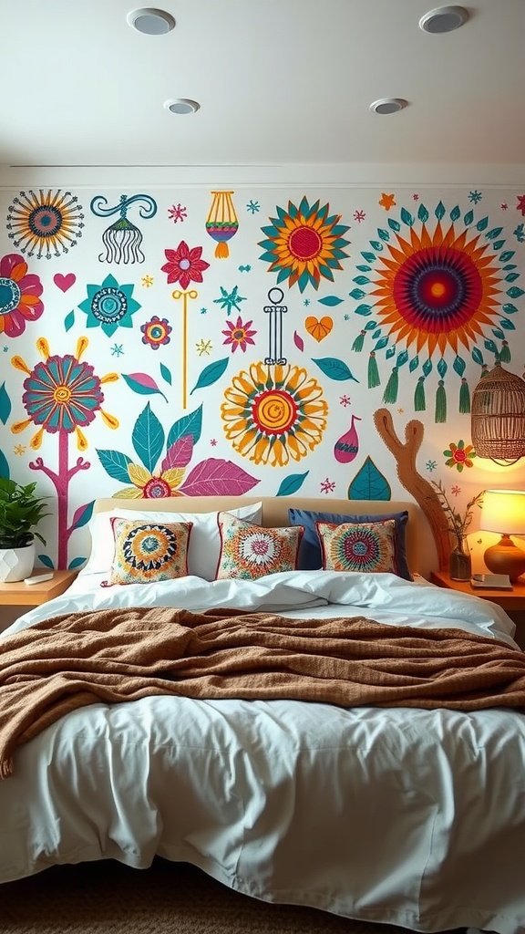 A vibrant DIY painted mural featuring colorful flowers and leaves on a bedroom wall, enhancing the Boho decor.