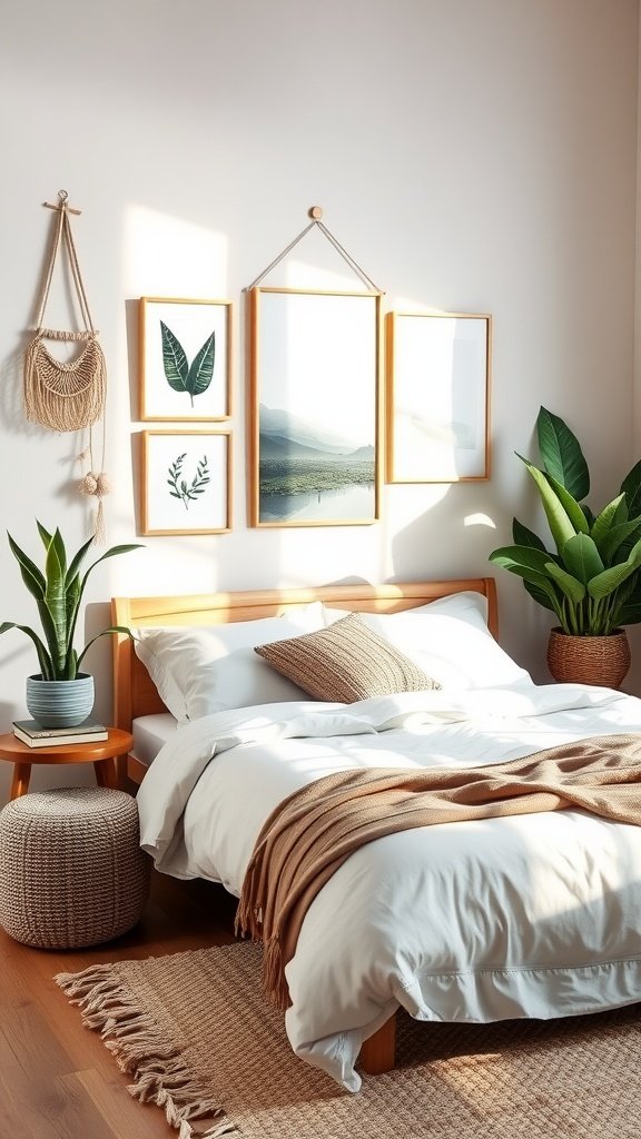 A cozy boho-inspired bedroom with minimalist decor, featuring wooden frames on the wall, plants, and soft textiles.