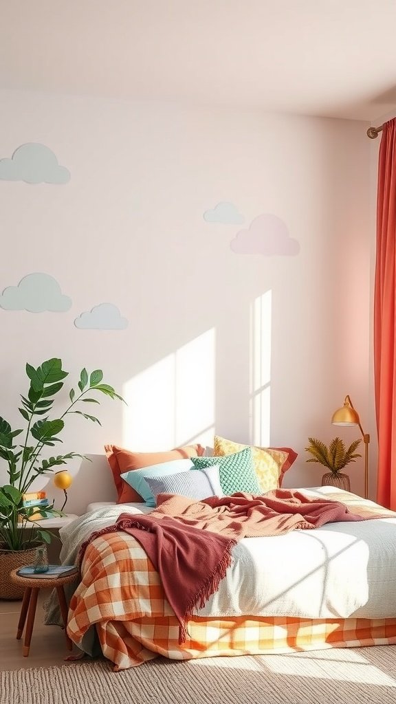 A cozy bedroom with pastel cloud designs on the wall, featuring a warm-toned bed and plants