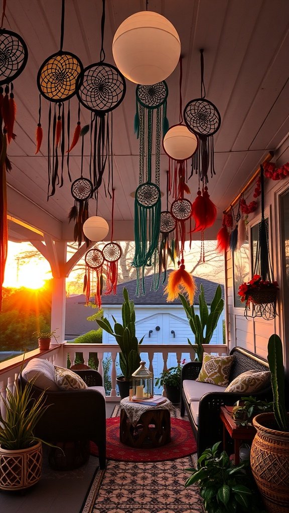 A vibrant boho back porch decorated with colorful dreamcatchers hanging from the ceiling, showcasing a cozy seating area and plants.