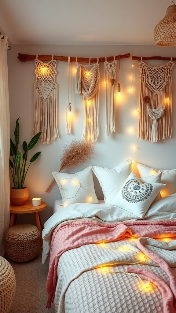 A cozy boho bedroom for teens, featuring macramé wall hangings, string lights, and warm decor.