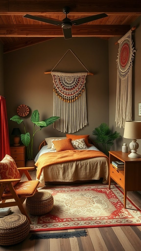 A cozy bedroom styled in earthy colors with macramé wall hangings, wooden furniture, and plants.