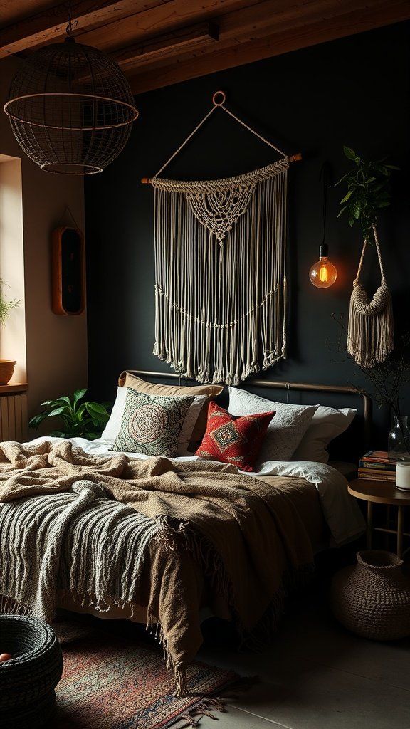 A cozy dark boho bedroom featuring earthy tones, a macramé wall hanging, layered blankets, and soft lighting.