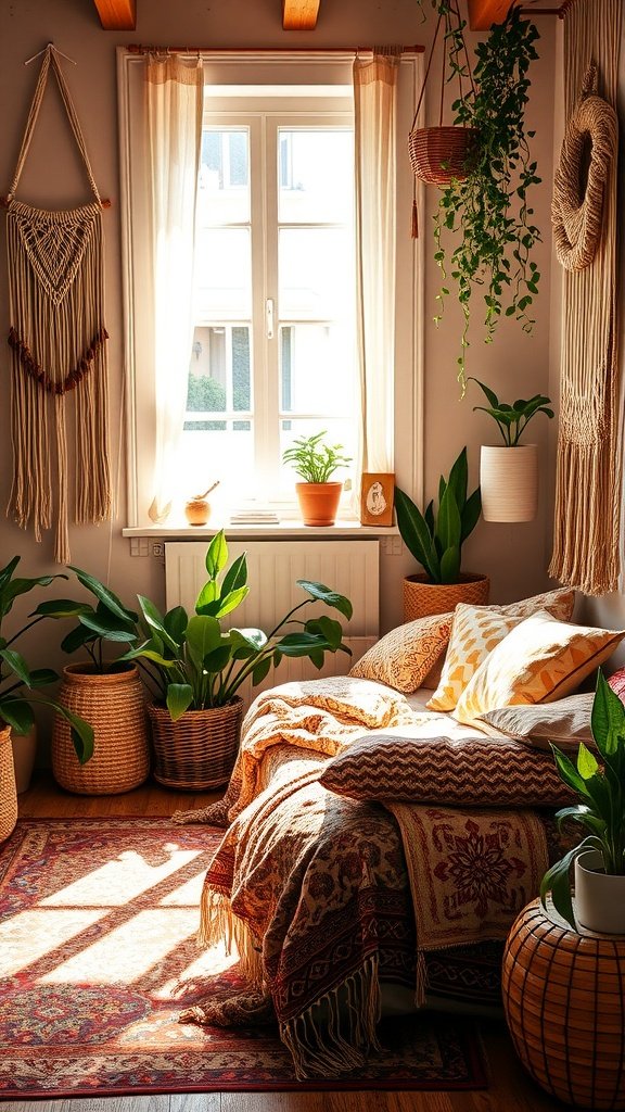 A cozy eclectic boho bedroom with plants, colorful pillows, and macramé wall hangings.