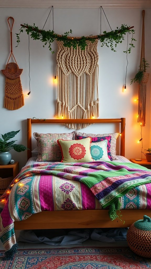 A cozy boho bedroom with a colorful bedspread, decorative pillows, macramé wall art, and string lights.