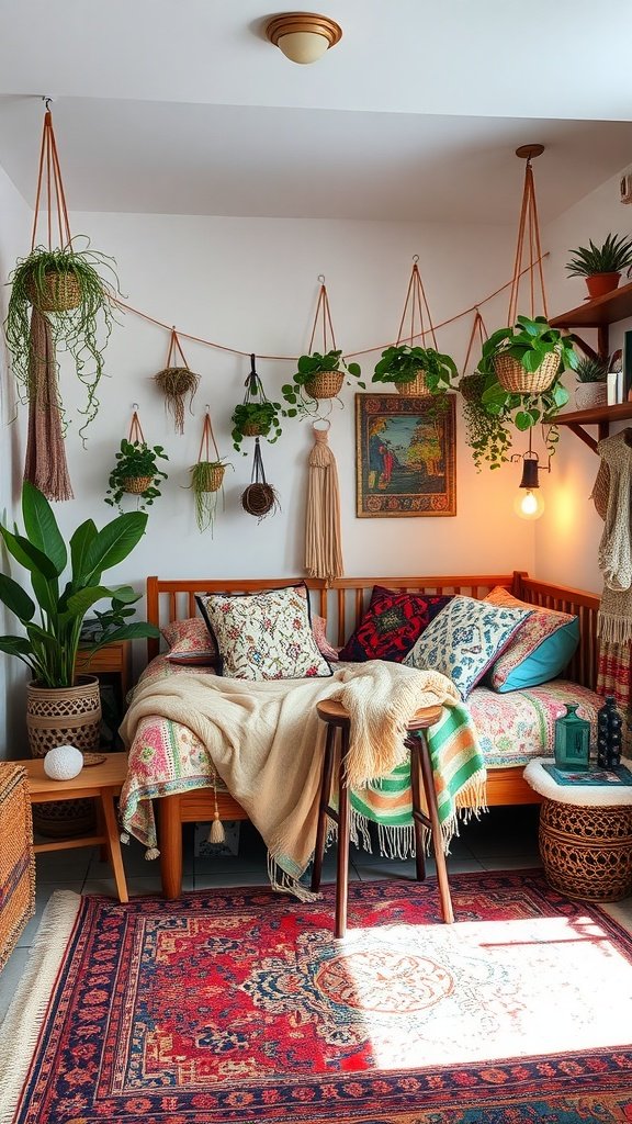 A cozy bohemian bedroom featuring hanging plants, colorful cushions, and a vintage rug.