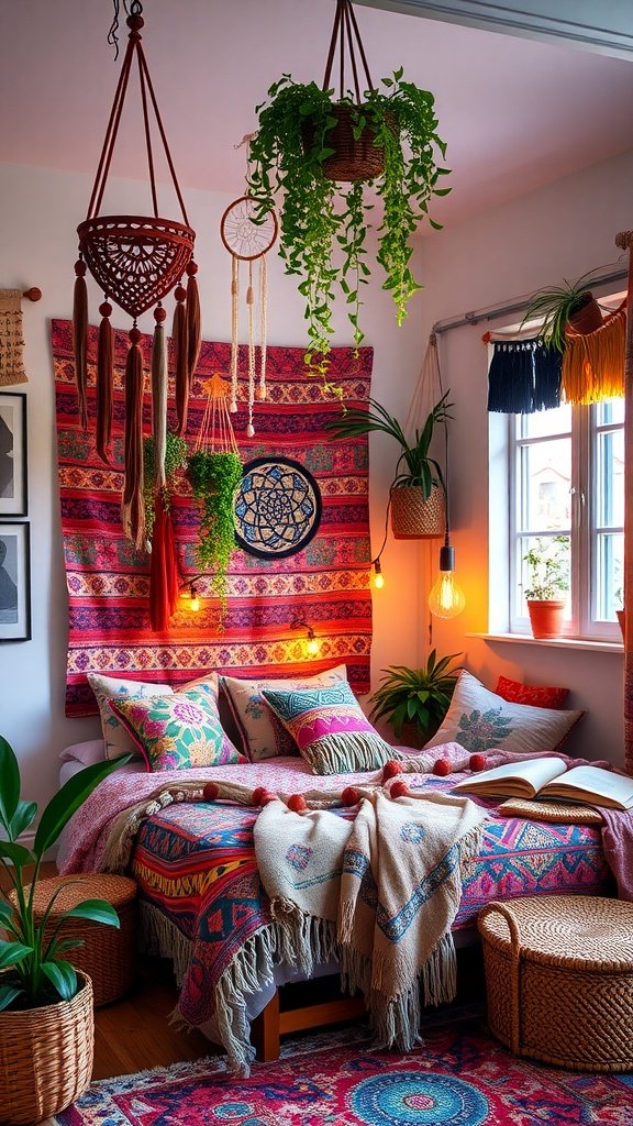 A vibrant bohemian teen bedroom featuring colorful textiles, plants, and cozy decor.