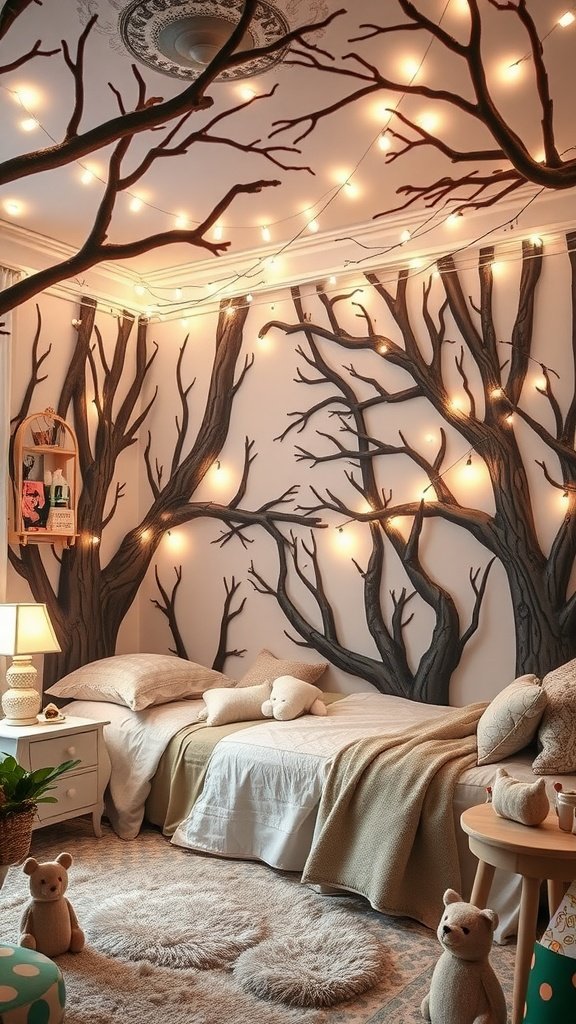 A cozy bedroom with tree branch wall art and soft lighting, featuring a bed with plush pillows and teddy bears.