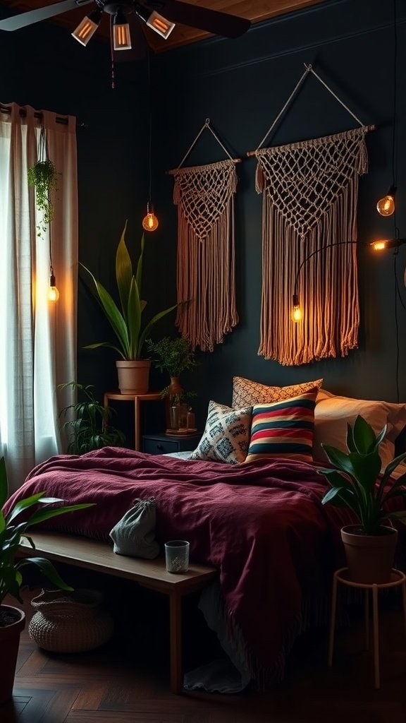 A dark boho bedroom featuring macramé wall hangings, plants, and warm lighting.