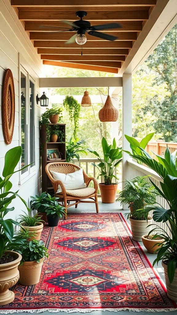 A Boho styled back porch featuring a vibrant ethnic rug, potted plants, and natural wood elements.