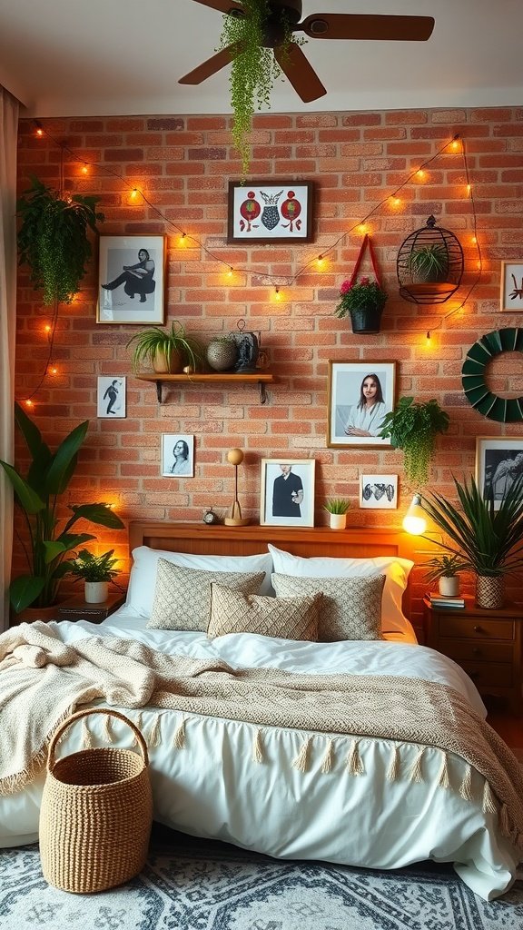 Cozy boho bedroom with exposed brick wall, plants, string lights, and decorative items.