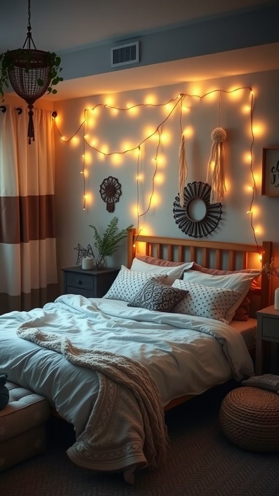 A cozy modern Boho bedroom featuring fairy lights twinkling on the wall, soft bedding, and a stylish decor.