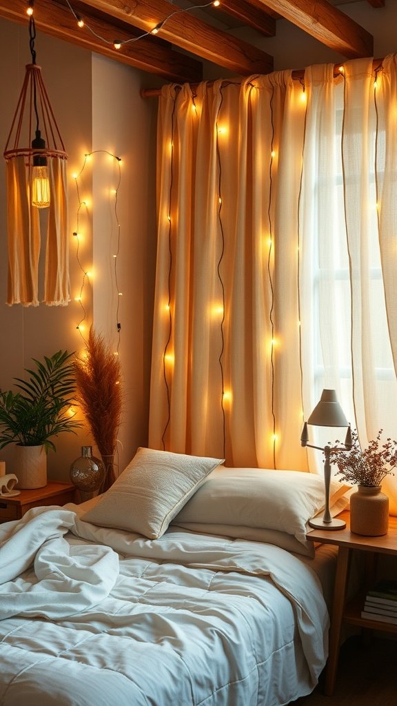 Cozy bedroom with fairy lights and soft drapes