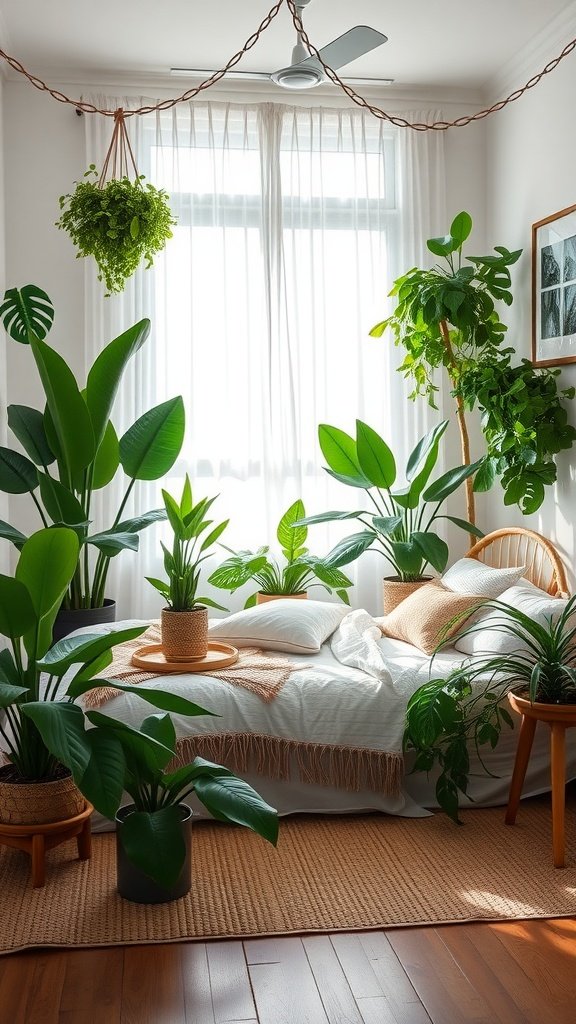 A cozy Modern Boho Bedroom featuring lush green plants around a neatly made bed, with sunlight streaming through sheer curtains.