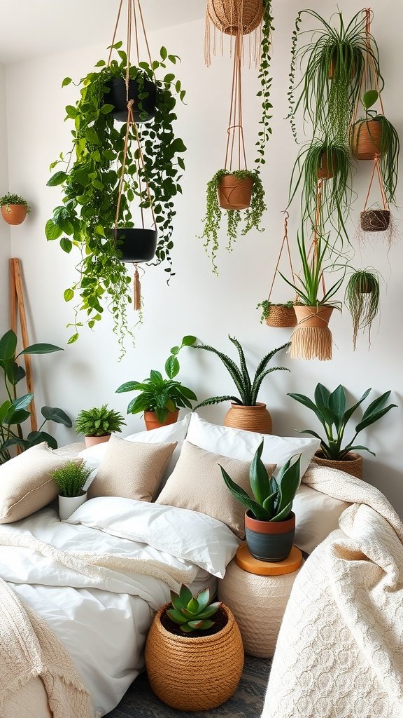 A beautifully arranged Modern Boho Bedroom filled with various plants, showcasing hanging planters and small potted greenery on the bed.