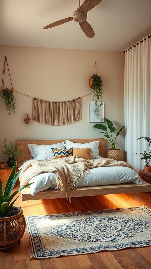 A cozy Boho bedroom featuring a floating bed with underlighting, layered blankets, colorful cushions, and decorative plants.