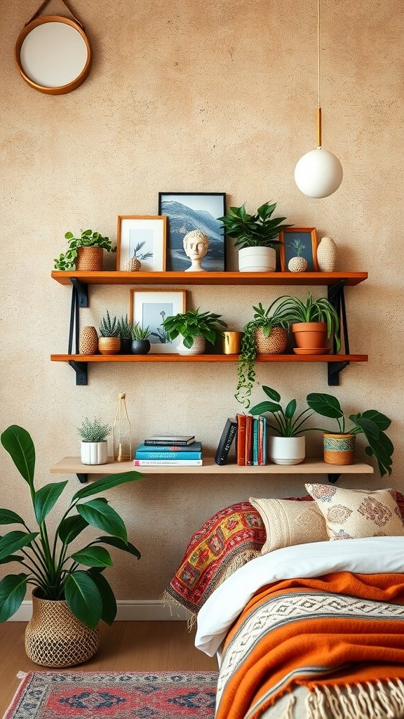 A floating shelf in a Boho bedroom displaying plants, framed artworks, and decorative items.