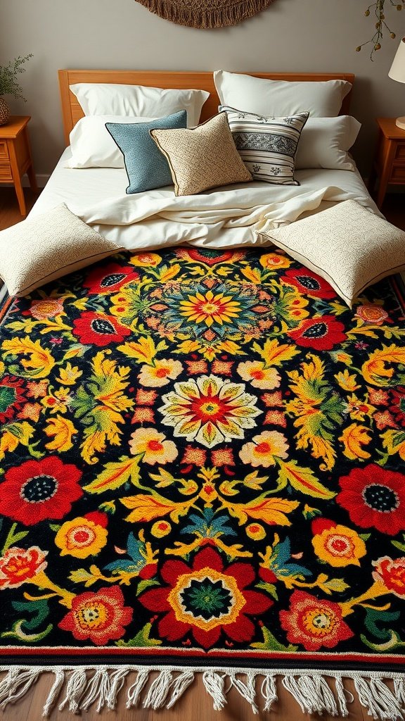 A vibrant floral rug on a bed with decorative pillows, showcasing a Boho style.