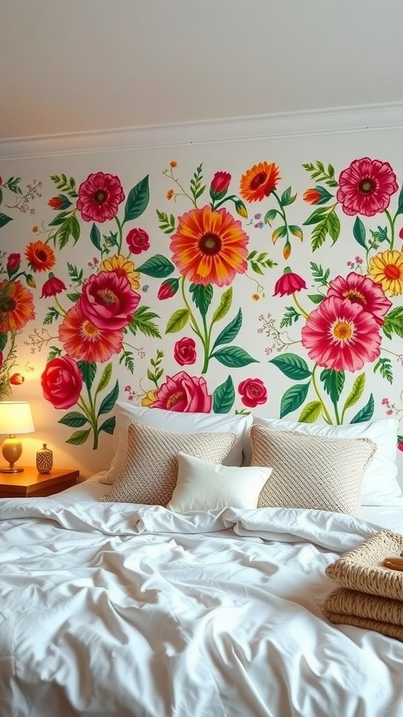 Bright floral tapestry accent wall in a cozy bedroom with white bedding