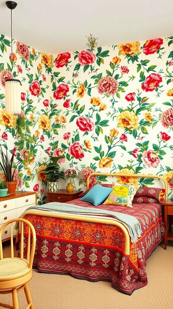 A vibrant bedroom with floral wallpaper, featuring a cozy bed with colorful pillows and an inviting decor.