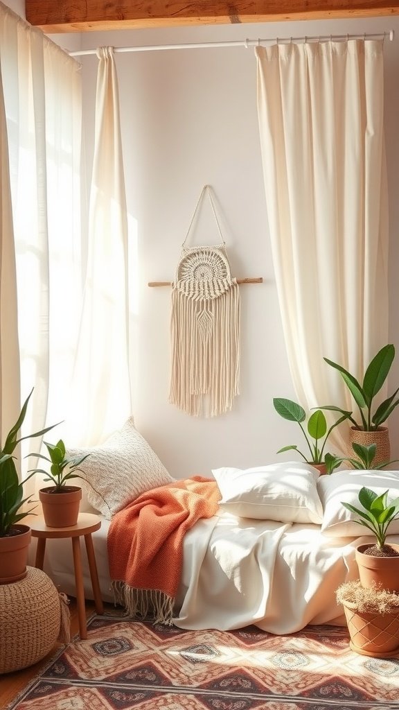 A flowy and airy boho bedroom featuring soft curtains, cozy bedding, indoor plants, and macrame wall art.