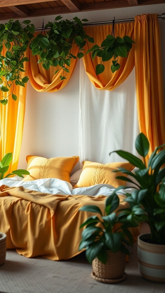 A cozy bedroom with mustard-colored curtains and bedding, adorned with lush green plants.