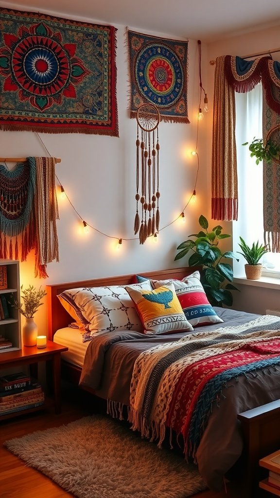 A cozy Boho bedroom featuring colorful textiles, tapestries on the walls, and string lights, creating a warm atmosphere.