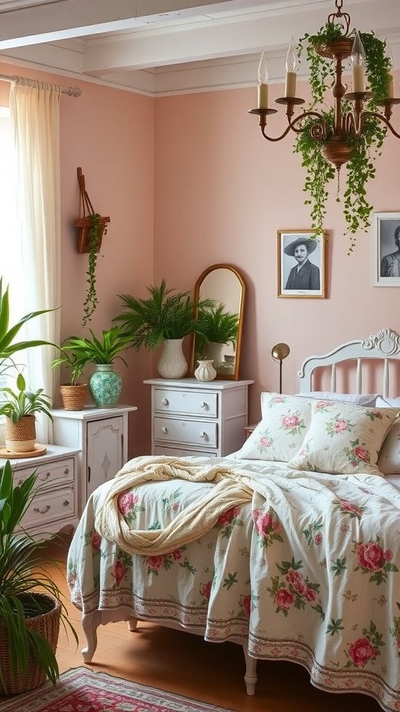 Cozy bedroom with pastel pink walls, floral bedding, and plants