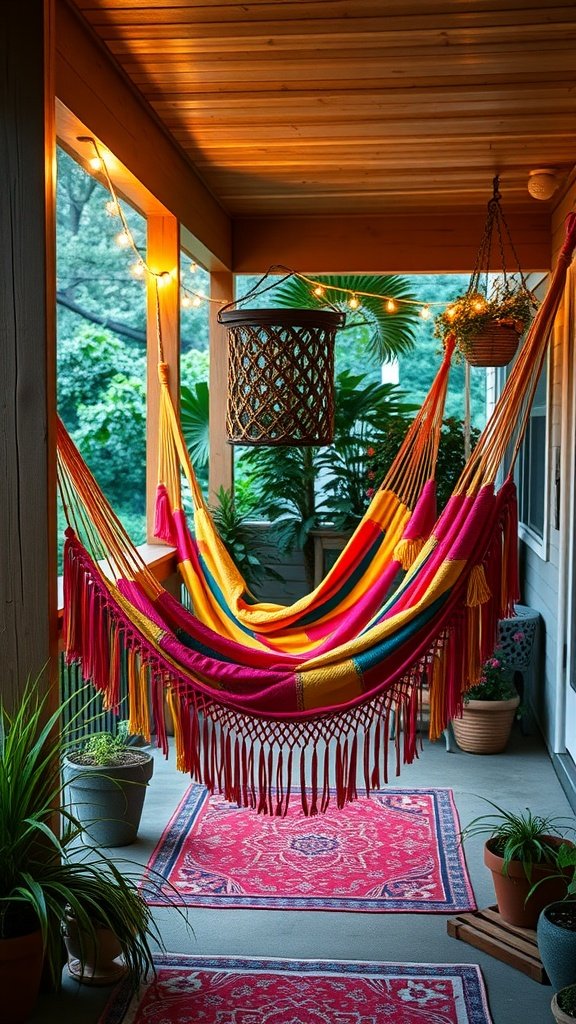 Colorful fringed hammock on a stylish back porch with plants and warm lighting.