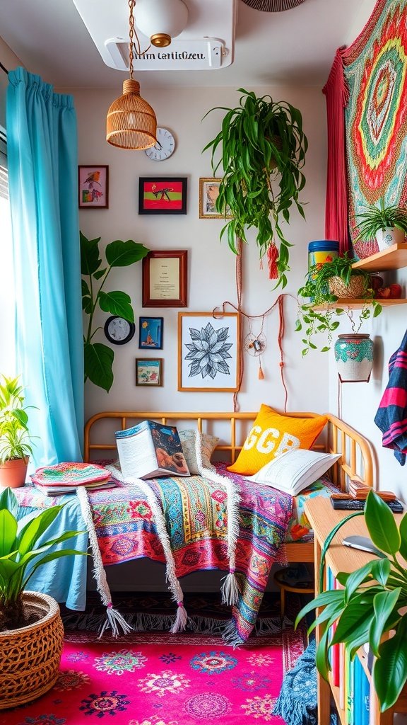 A vibrant Boho bedroom for teens with colorful textiles, plants, and unique wall art.