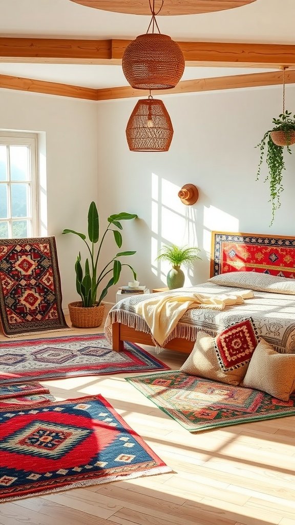 A cozy boho bedroom featuring colorful geometric rugs, a bed with throw pillows, and plants.