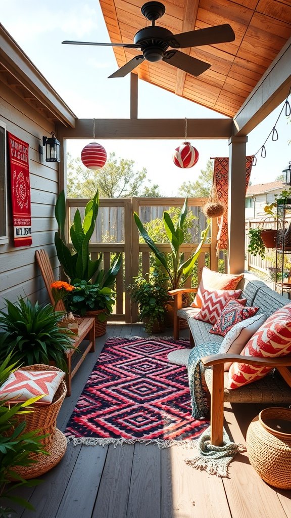 A cozy bohemian porch featuring geometric patterns in rugs and cushions, surrounded by plants.