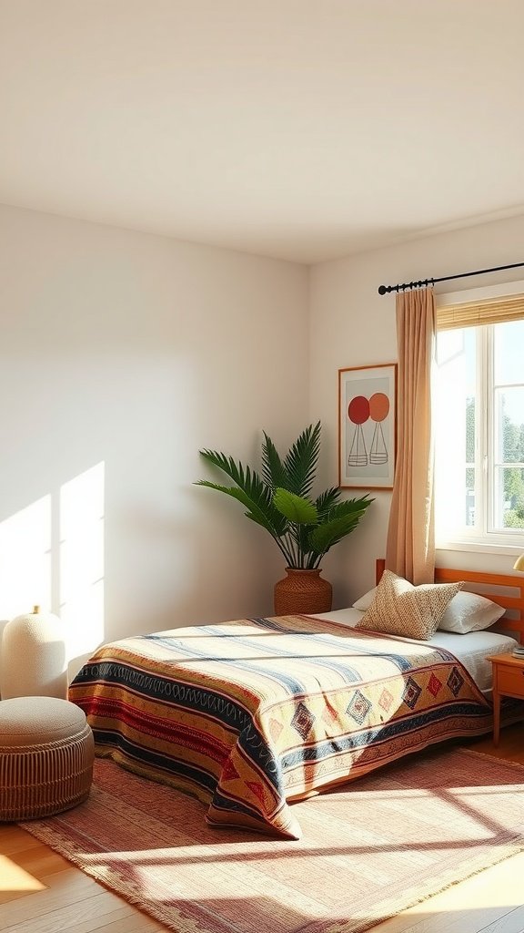 A serene bedroom featuring a geometric bed frame, colorful blanket, potted plant, and natural light.