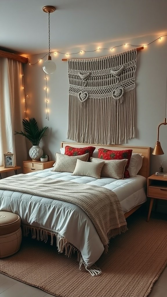 Glam Boho Bedroom with macramé wall hanging and warm lighting