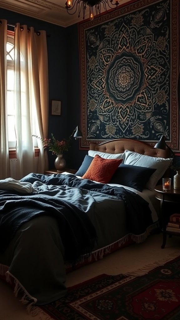 A dark boho bedroom with elegant decor, featuring a tapestry, plush bedding, and warm lighting.