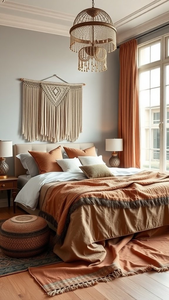 Luxurious boho bedroom featuring warm orange and beige tones with macramé wall art.