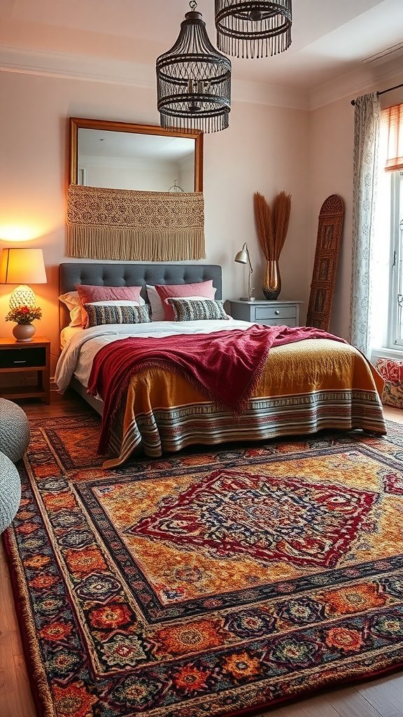 A stylish boho bedroom featuring a colorful patterned rug, cozy bedding, and unique decor elements.