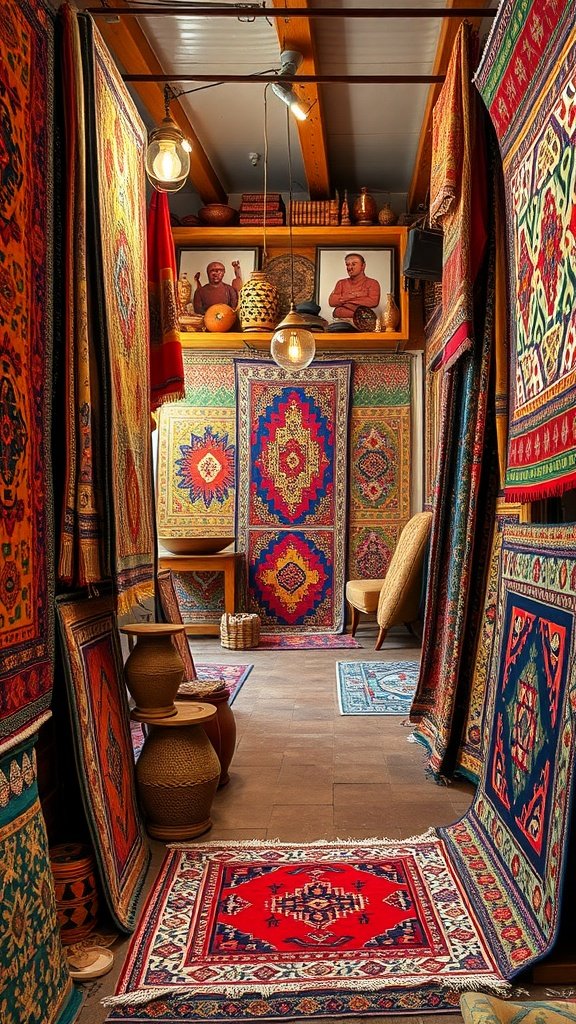 Colorful rugs displayed in a cozy bazaar setting, featuring various intricate patterns and warm lighting.