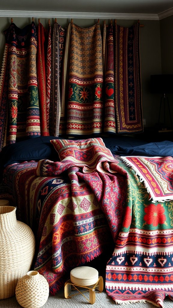 A cozy bohemian bedroom featuring colorful global textiles hanging on the wall and layered on the bed.