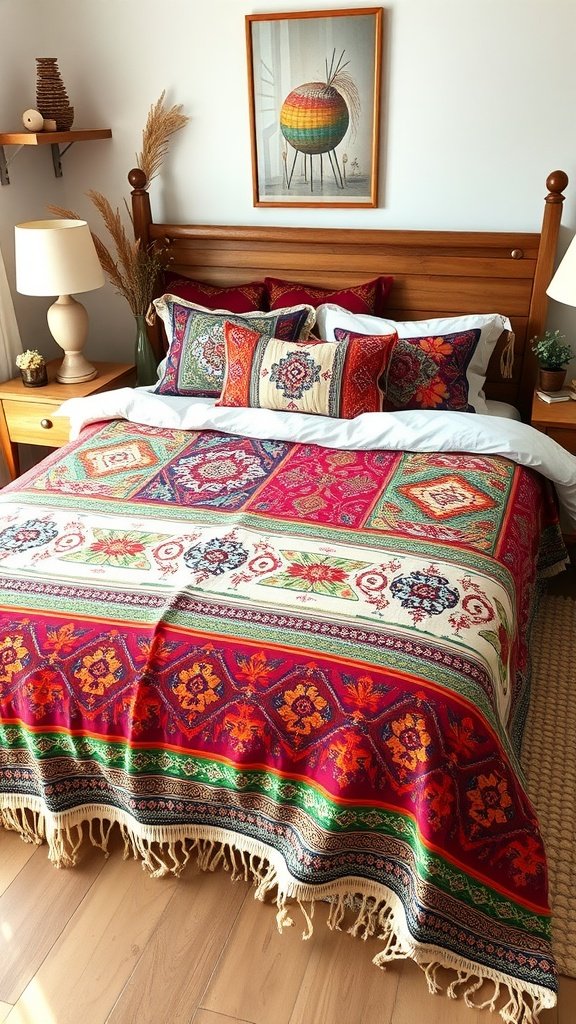 A colorful bedspread with intricate patterns on a wooden bed.