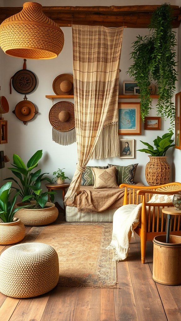 A cozy boho-style bedroom nook featuring woven textures, natural plants, and neutral-toned decor.