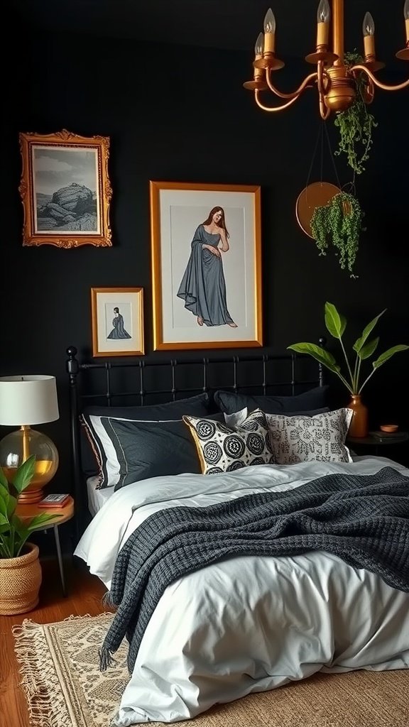 A cozy black boho bedroom featuring gold accents and dark decor.