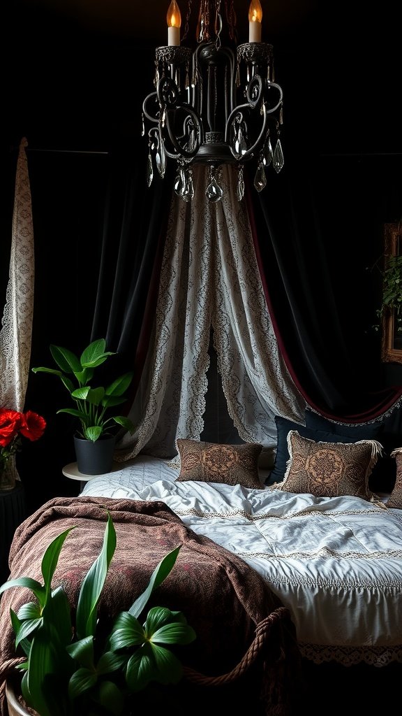 A dark boho bedroom featuring a bed with white linens, lace curtains, a chandelier, and plants.