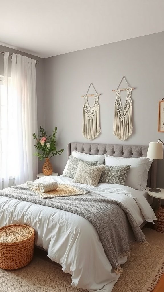 Chic boho bedroom with gray and light beige tones, featuring macramé wall art and cozy bedding.