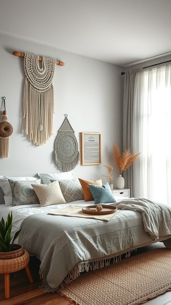 A chic gray tone bedroom with boho elements featuring layered bedding, decorative pillows, macramé wall hangings, and plants.