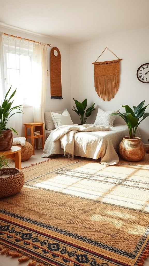 A cozy bedroom featuring a handwoven jute rug with natural fibers, plants, and light decor.