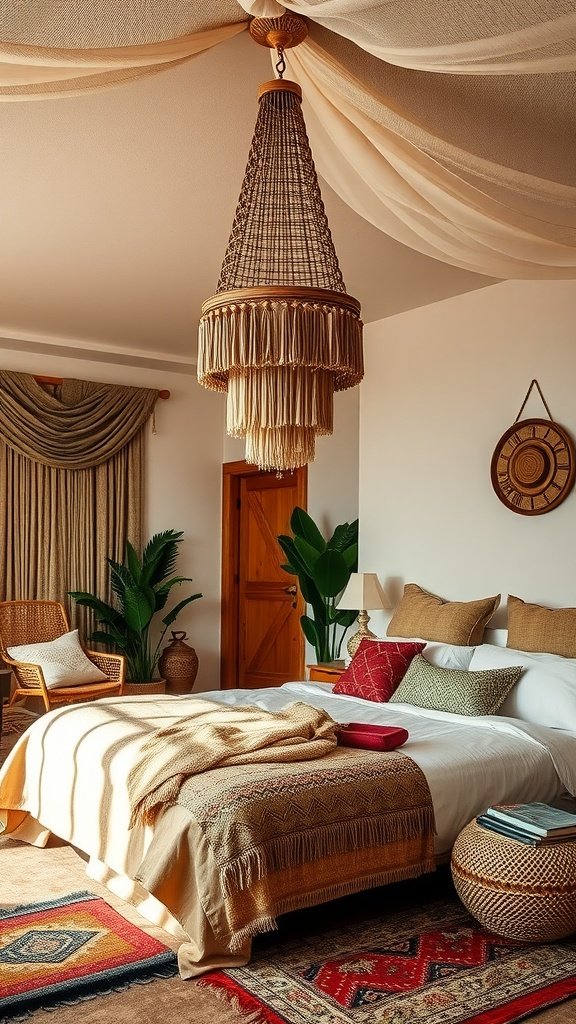 A cozy modern boho bedroom featuring a tassel chandelier, decorative pillows, and plants.