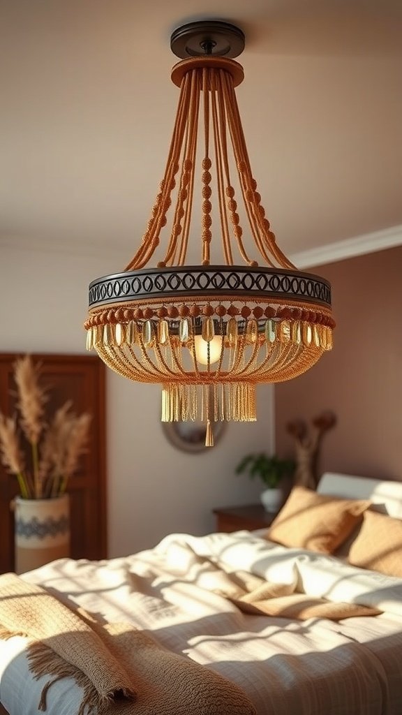 A wooden chandelier with beadwork hanging above a bed in a cozy bedroom